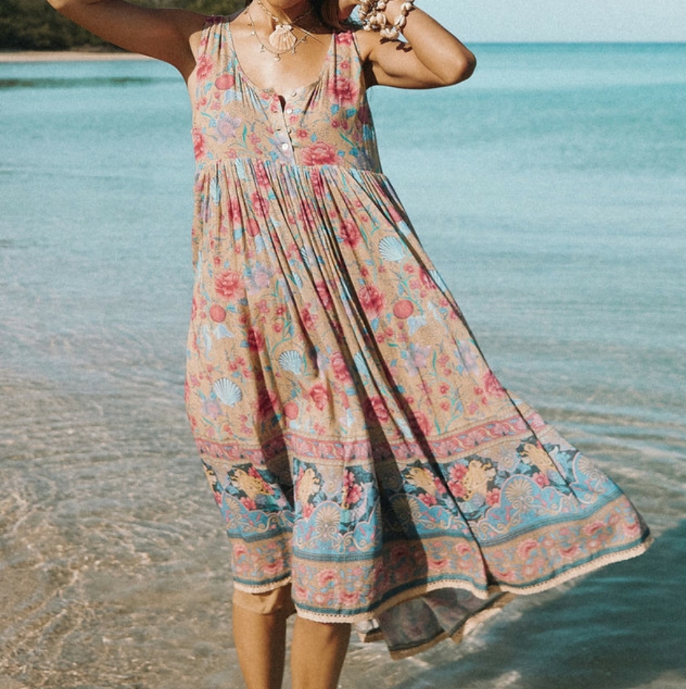 NWT Spell Opal Seashell Babydoll Midi Dress L